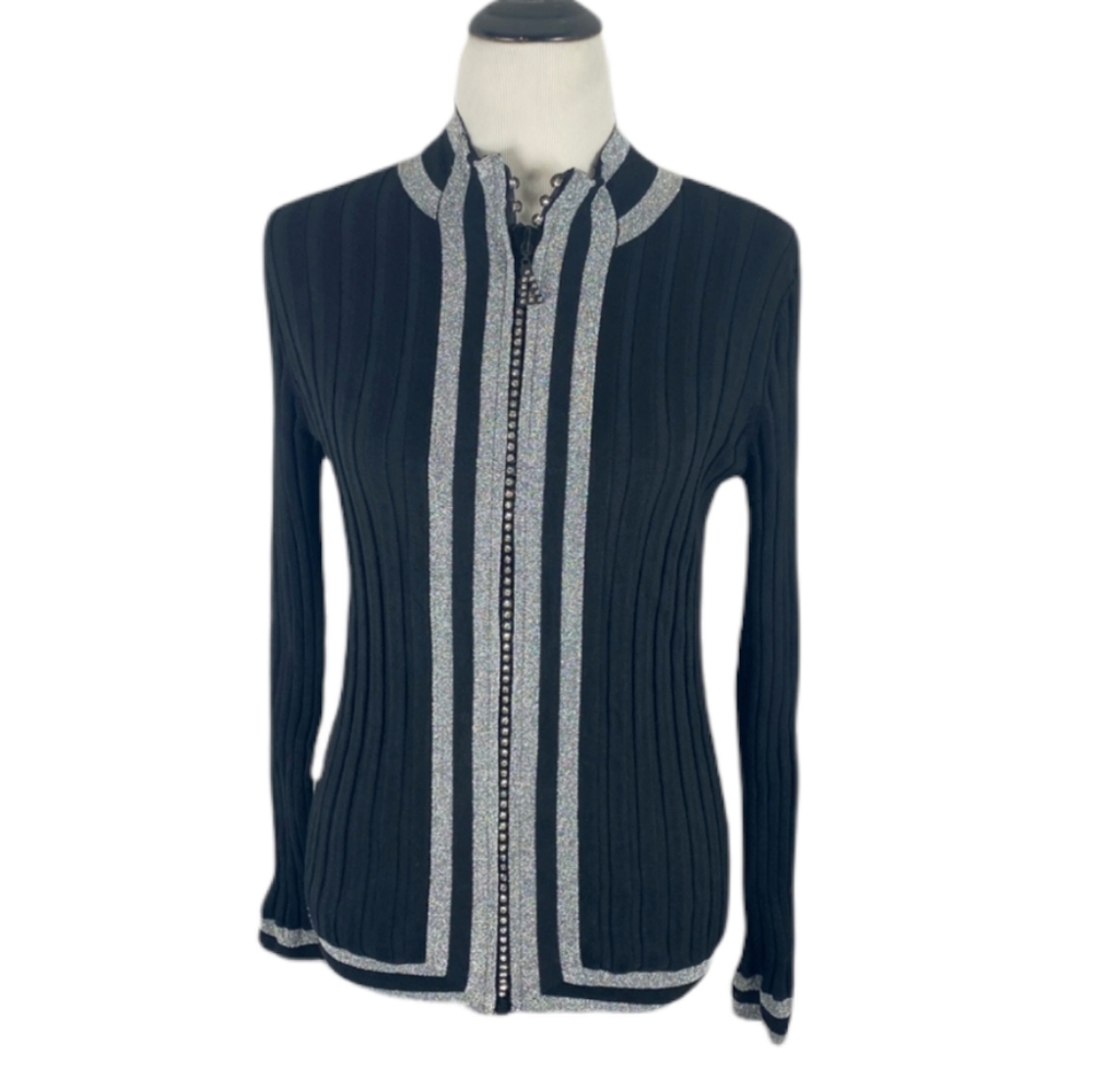 Fontana Black Cardigan Zip Front Sweater Jacket Size Small